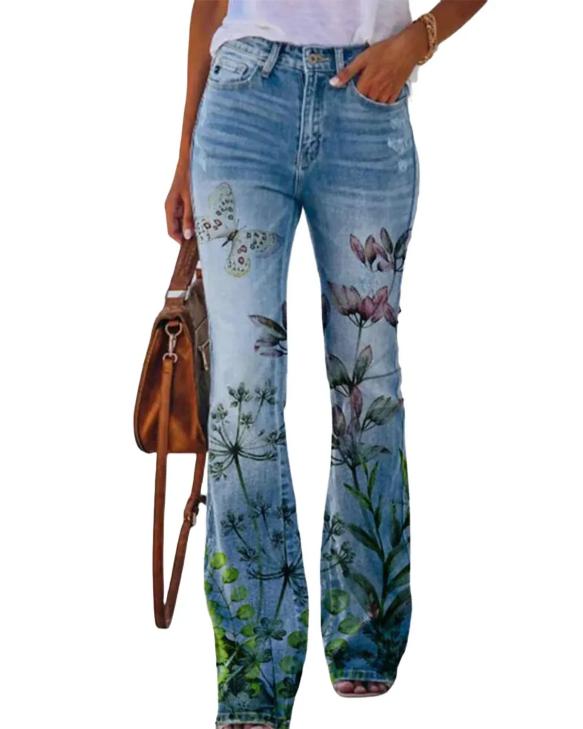 Damen Jeans mit Blumenmuster und hohem Bund für Arbeit & Freizeit