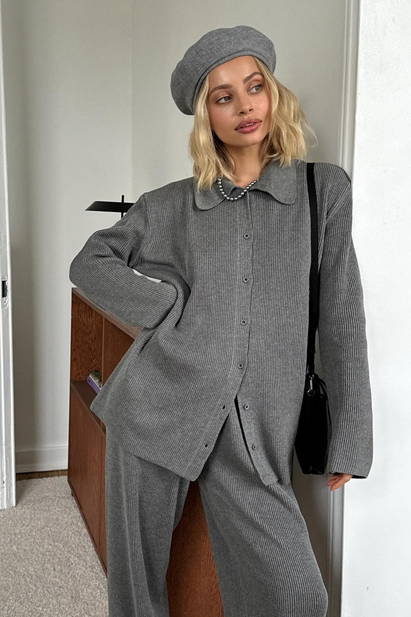 Damen Lounge-Set – Zweiteiliges Ensemble mit Rippkragen & Langarm-Oberteil