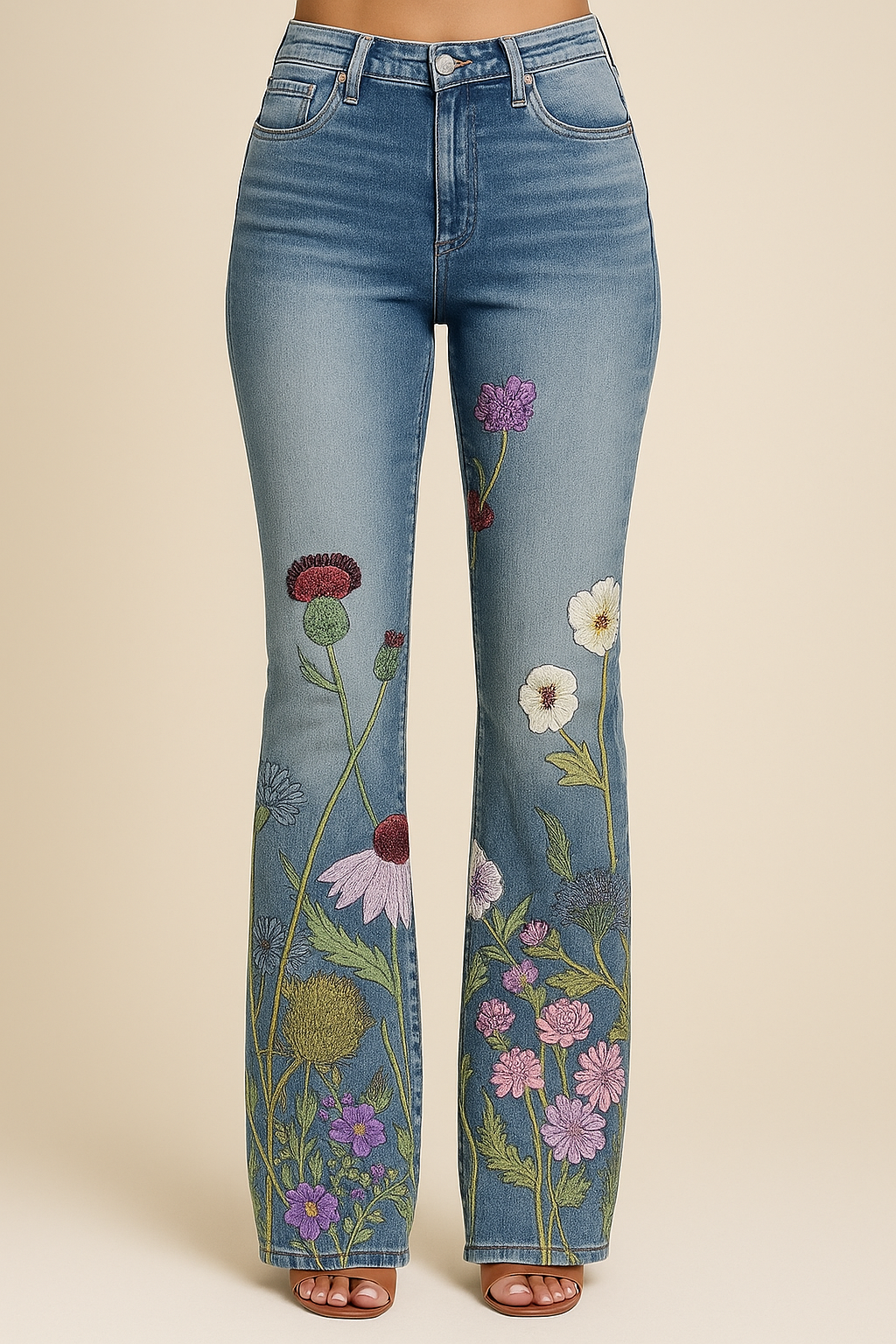 Damen Jeans mit Blumenmuster und hohem Bund für Arbeit & Freizeit