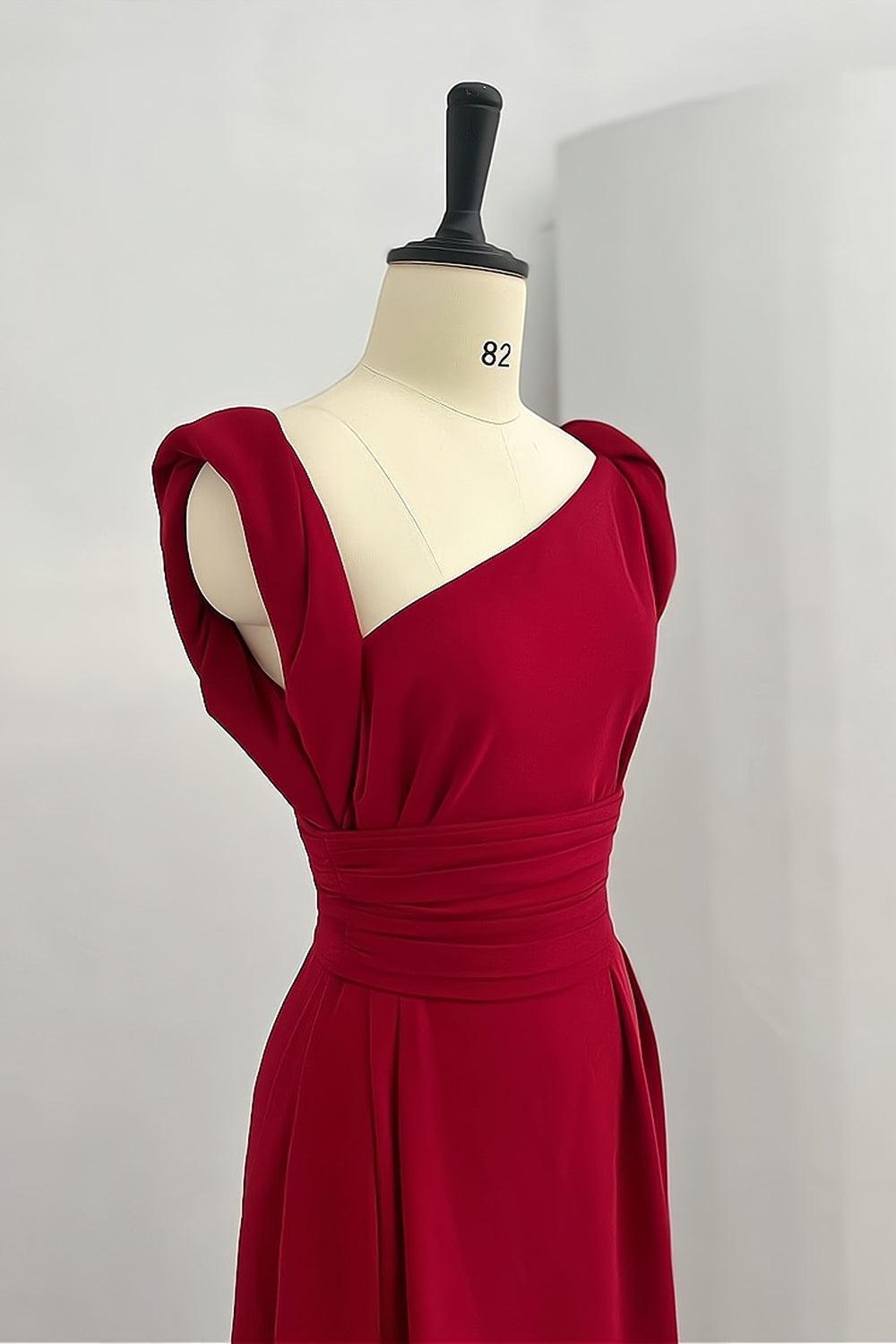 Elegantes asymmetrisches rotes Maxikleid – Abendkleid mit tiefem Rückenausschnitt und plissiertem Bund