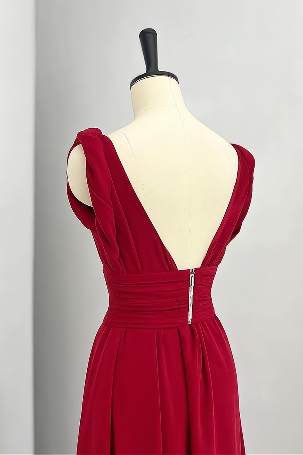 Elegantes asymmetrisches rotes Maxikleid – Abendkleid mit tiefem Rückenausschnitt und plissiertem Bund