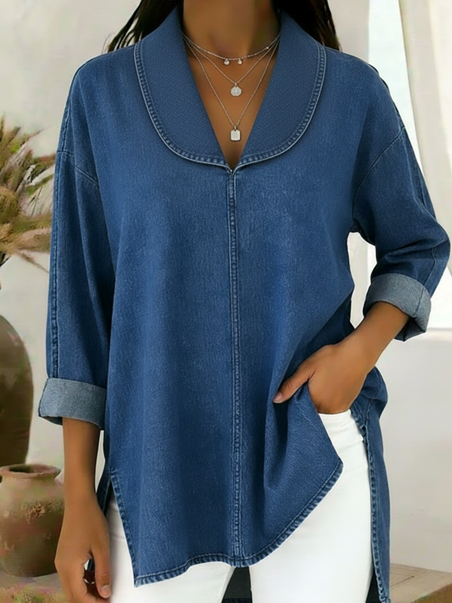 Neelaette | Retro Jeans Bluse Mit Schalkragen