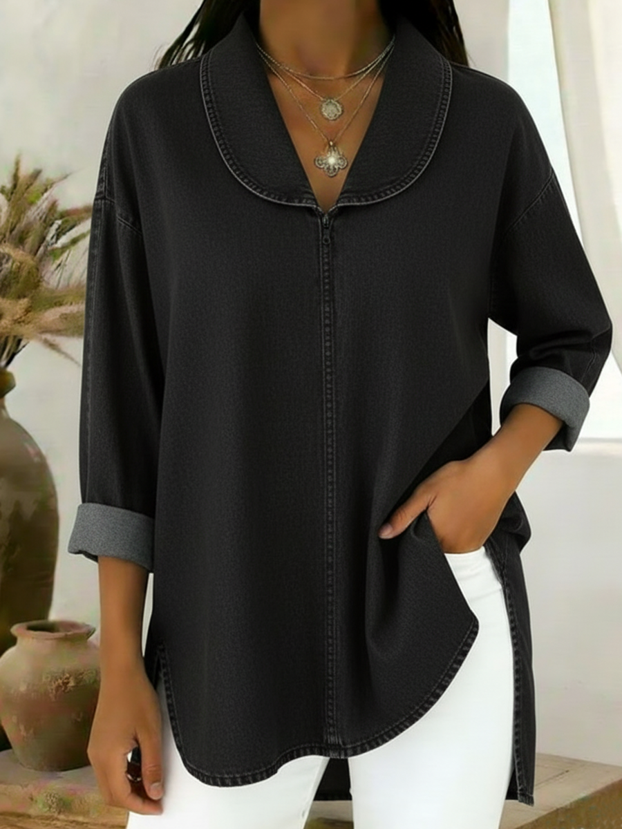 Neelaette | Retro Jeans Bluse Mit Schalkragen