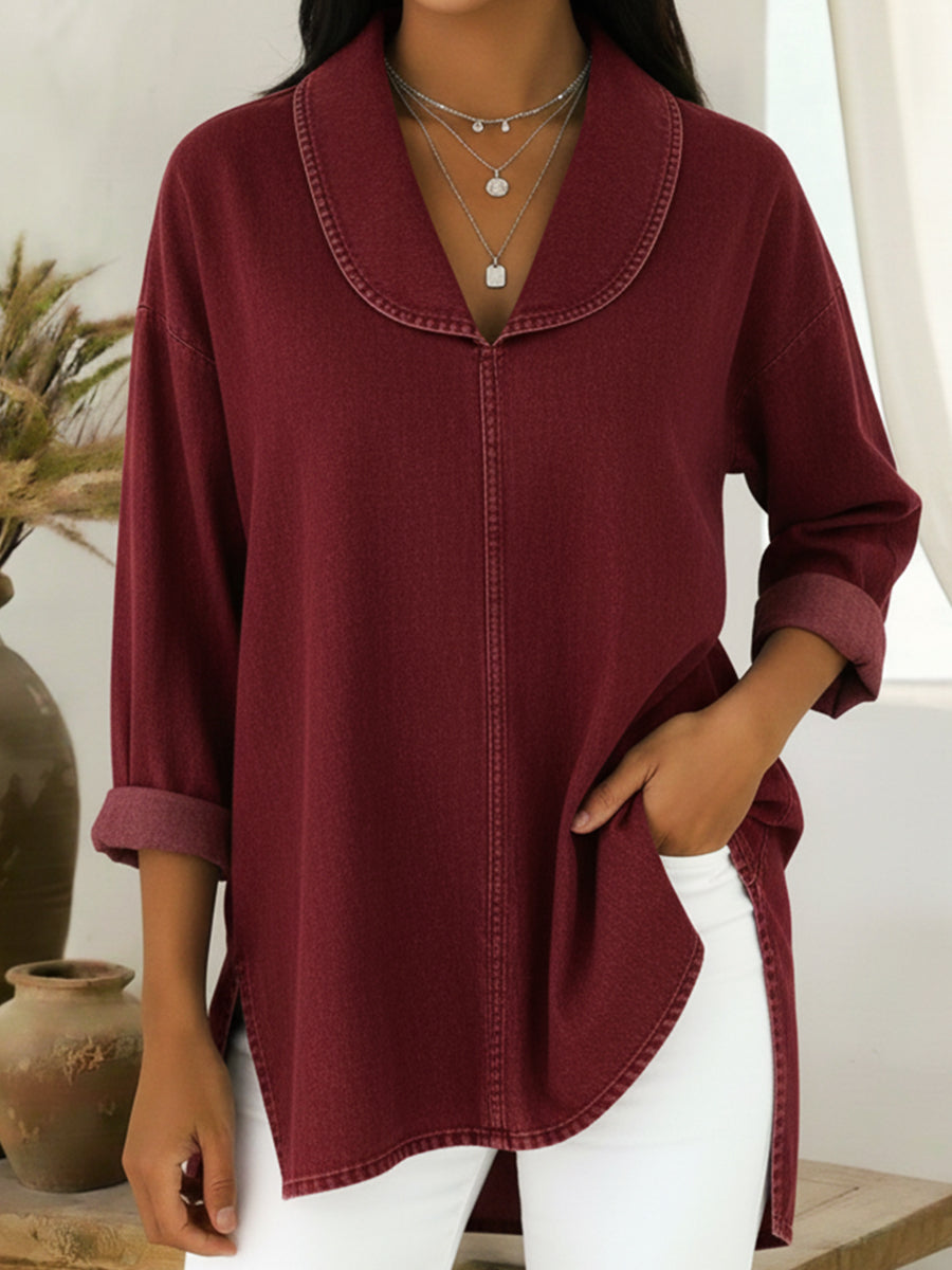 Neelaette | Retro Jeans Bluse Mit Schalkragen